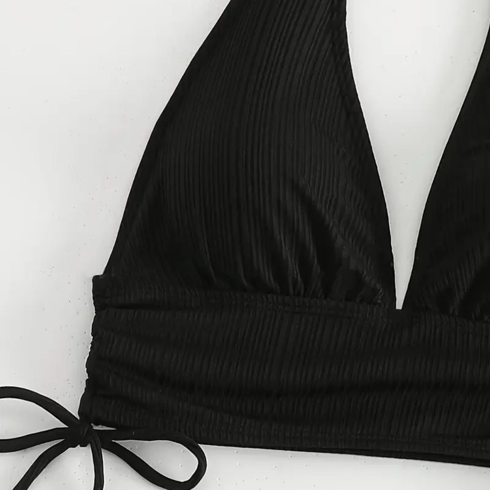 Black Textured Halter High Waisted Bikini Set - Picture 4 of 7